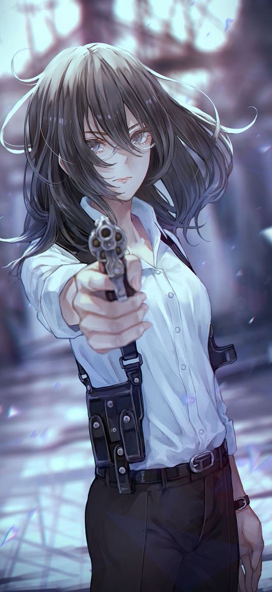 girl, revolver, weapon, shot, anime, art