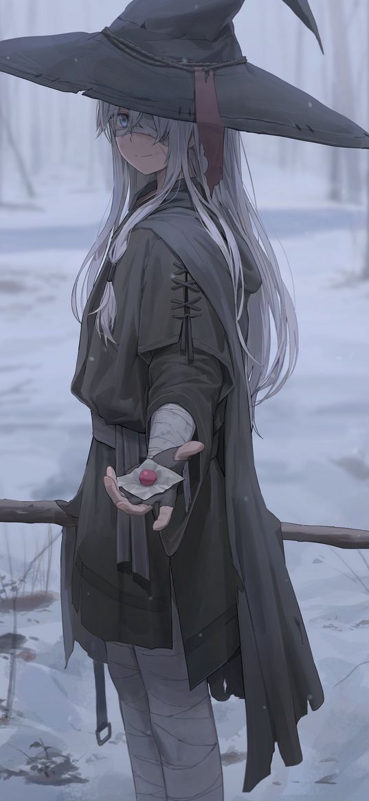 girl, hat, candy, bandages, grey, anime, art