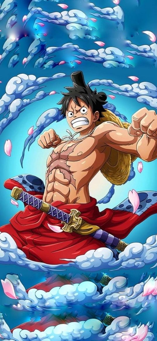 one piece, luffy, anime, art, clouds, katana