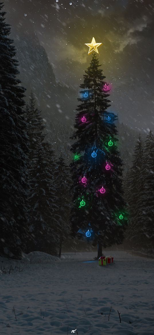 christmas tree, christmas toys, gifts, forest, snow, winter, blizzard, new year, nature