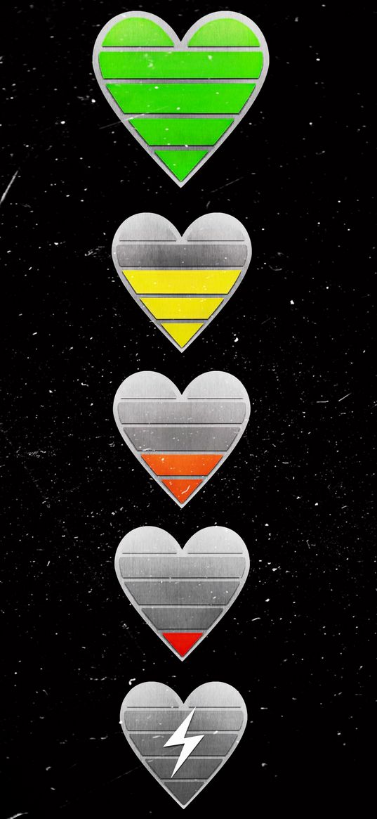 hearts, battery, discharged, black background, art