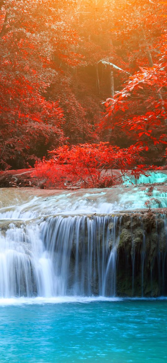 water, waterfall, trees, red, leaves