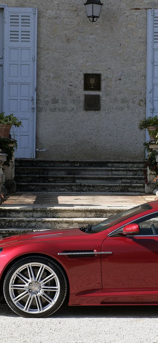 aston martin, dbs, 2008, red, side view, cars, building