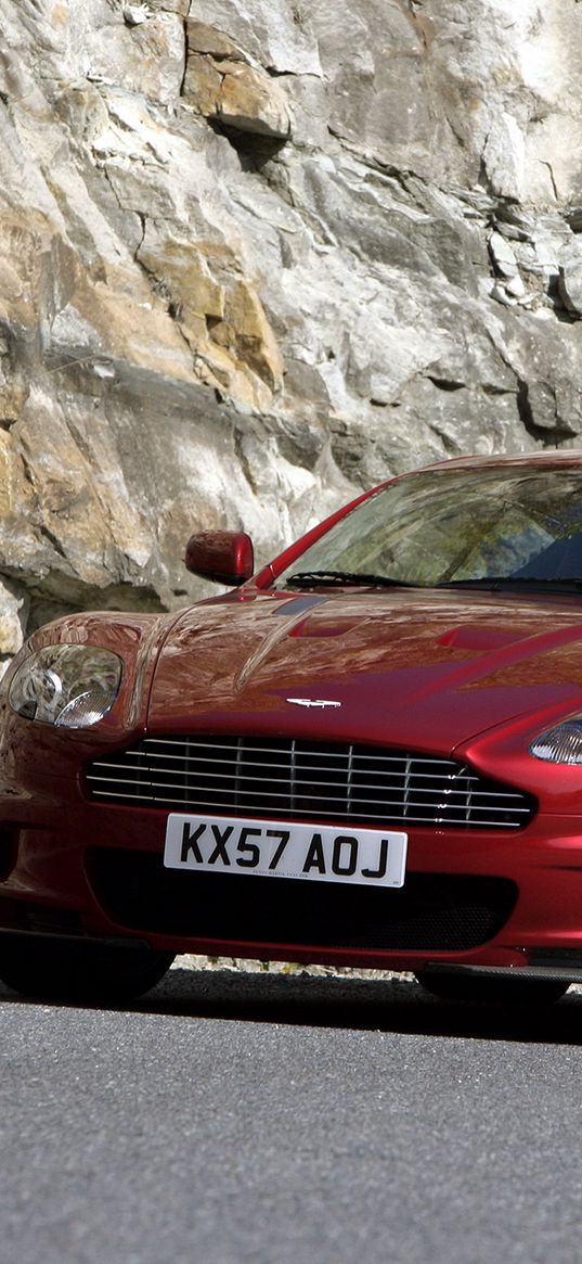 aston martin, dbs, 2008, red, front view, rock, asphalt