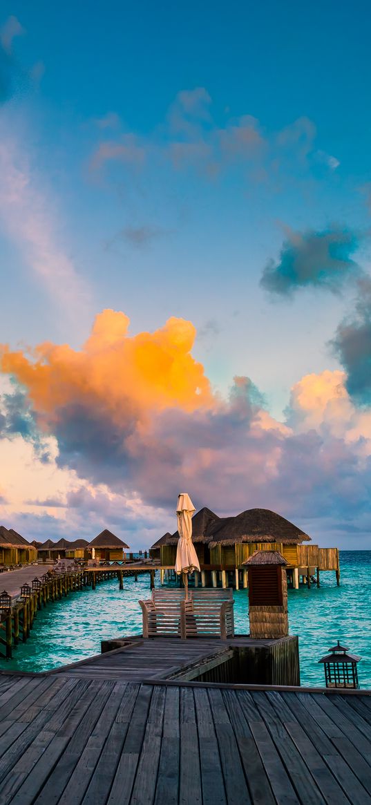 bungalow, pier, ocean, tropics, maldives