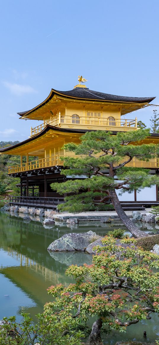 pagoda, trees, pond, nature