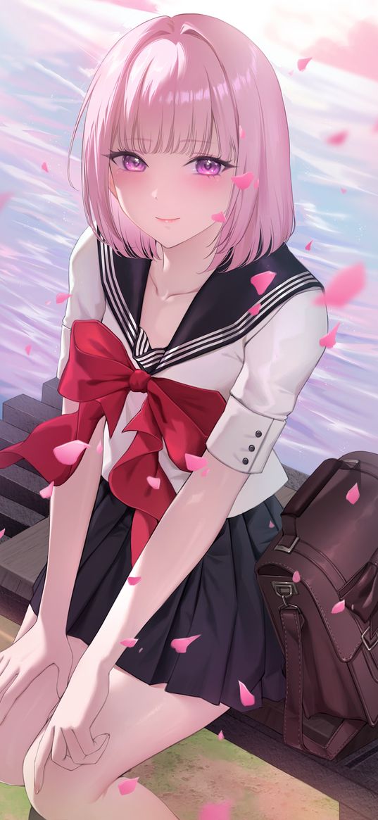 girl, schoolgirl, uniform, sakura, petals, pink hair, anime, art