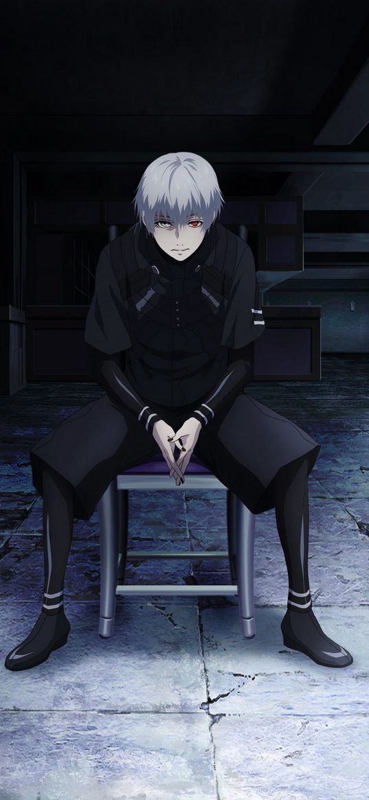 kaneki ken, tokyo ghoul, anime, guy, gray hair, red eye, black suit, chair, sitting, dark, art