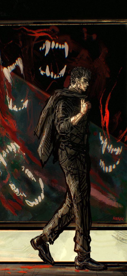 guts, berserk, anime, manga, man, imperturbable, painting, teeth, mouth, art