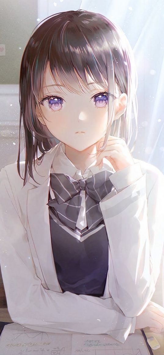 girl, purple eyes, school uniform, notebook, cute, anime, art