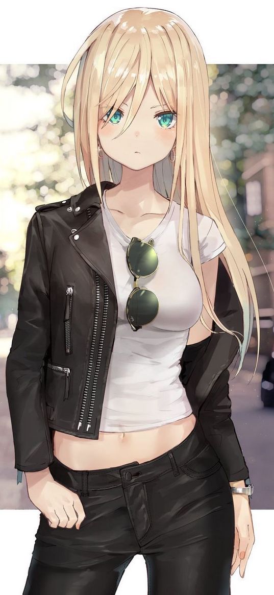 girl, blonde, green eyes, glasses, leather jacket, posing, street, anime, art