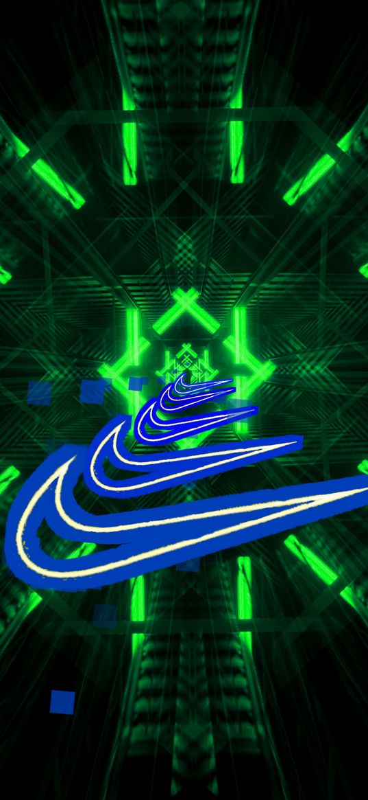 nike, logo, mirror corridor, tunnel, infinity, blue, green