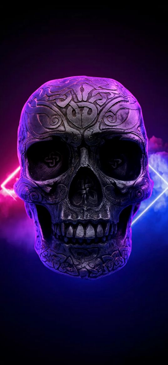 skull, neon, carving