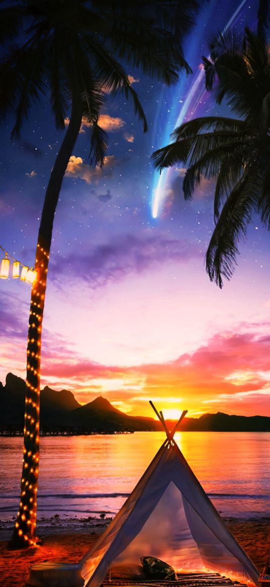 nature, palm trees, beach, tent, sea, stars