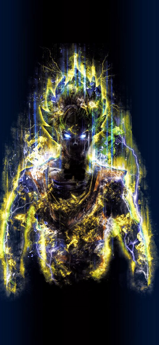 goku, dragon ball, anime, fighter, super power, lightning, glow, black background, art