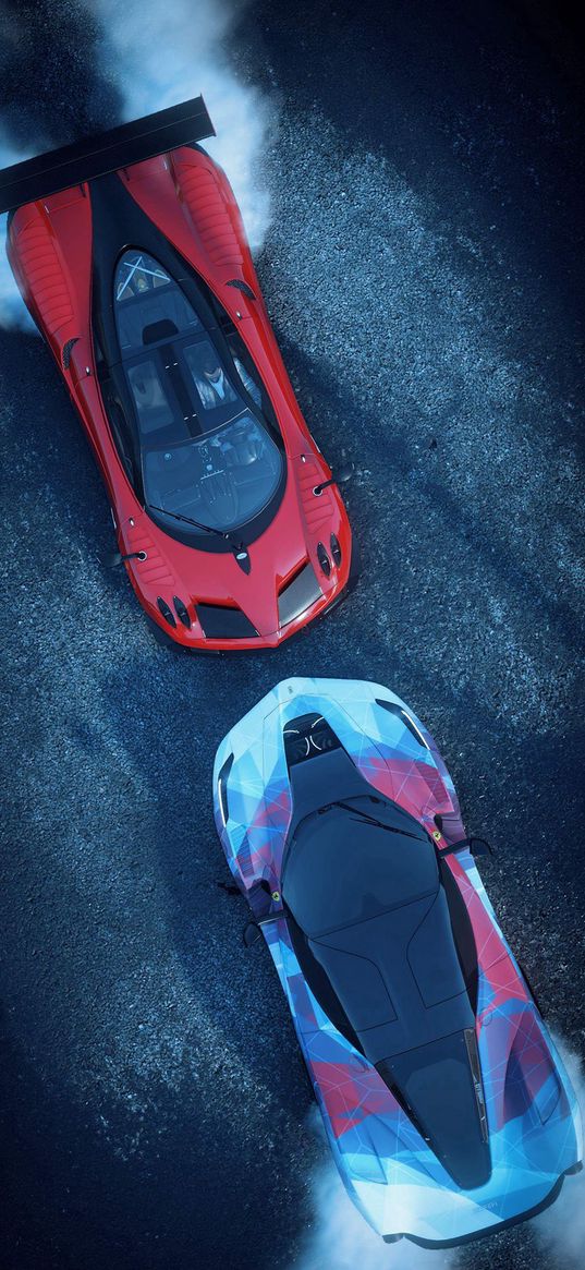 pagani, lamborghini, sports cars, cars, red, blue, drift, smoke, top view