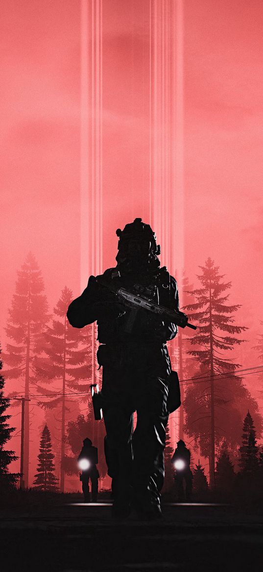 special forces, military, soldiers, forest, night, silhouette, black, red, art