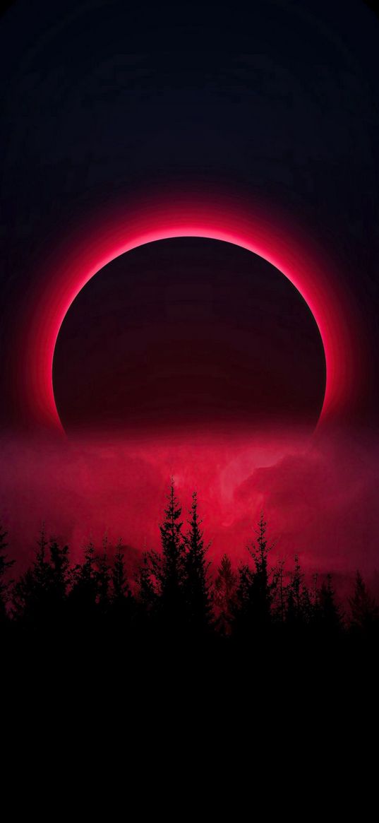 forest, moon, eclipse, fog, red, glow, dark, art