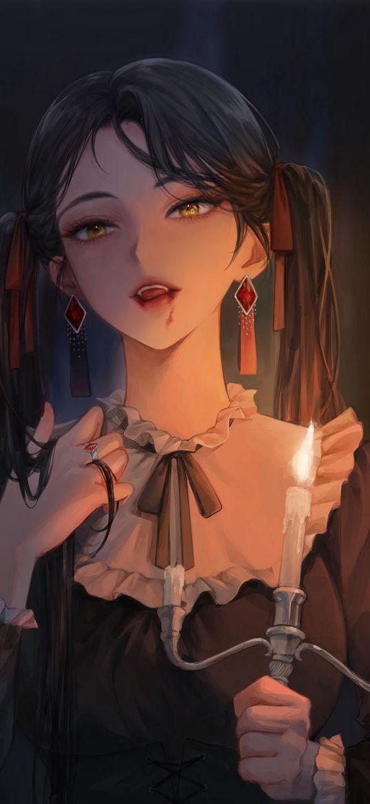 girl, candles, vampire, ponytails, anime, art