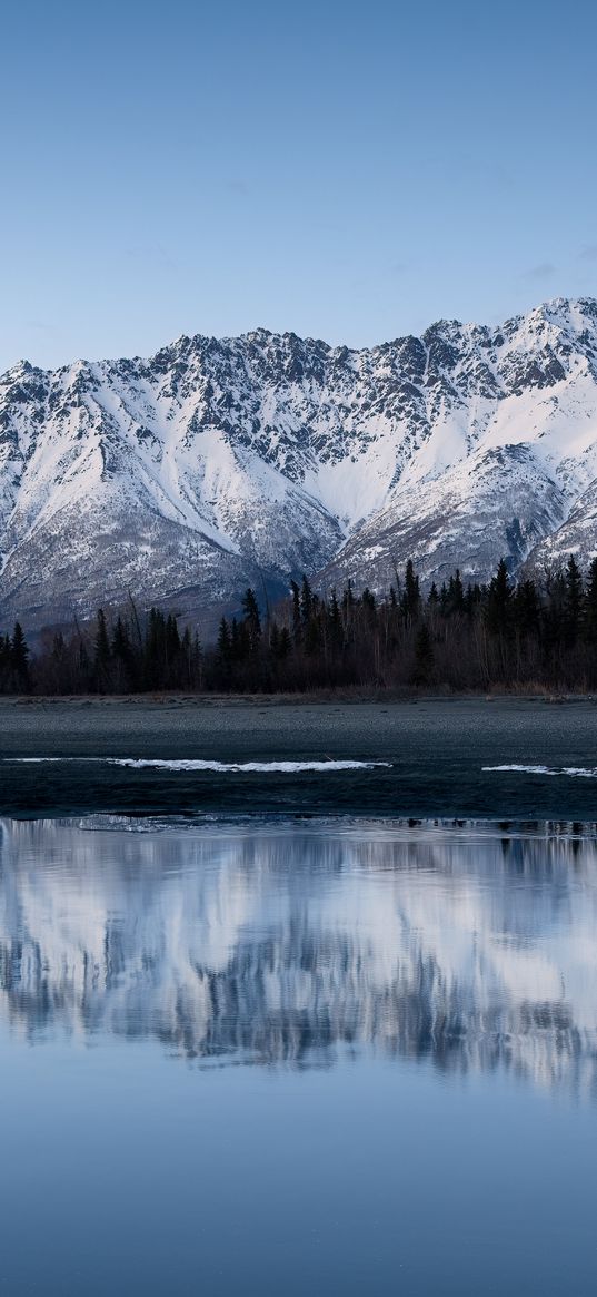 mountains, lake, shore, reflection, landscape, quiet