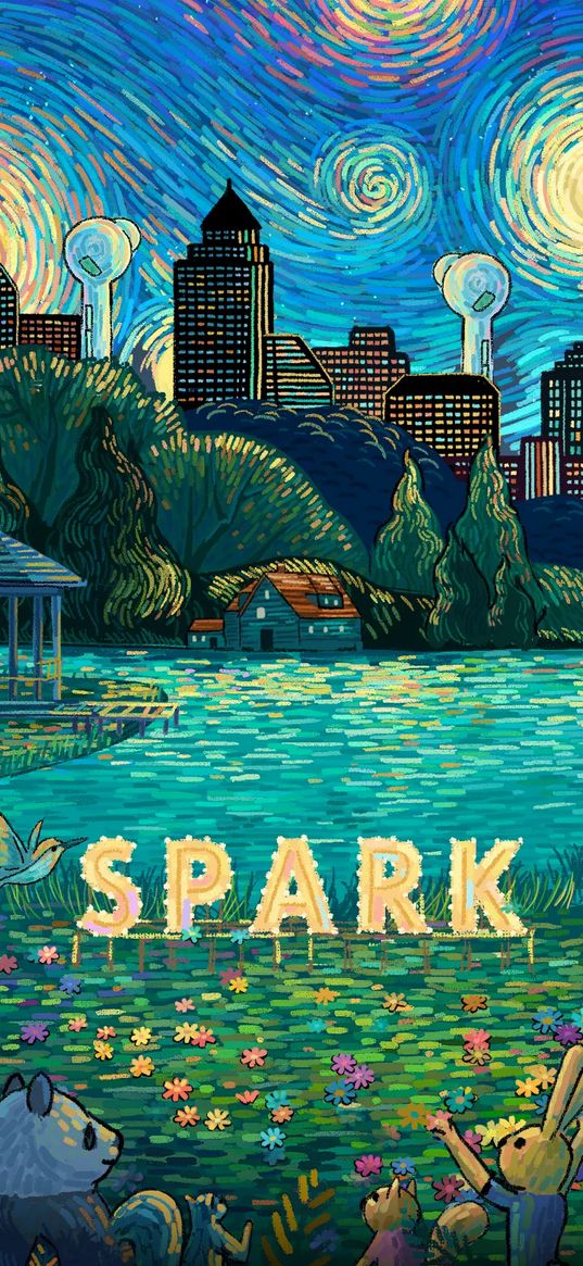 van gogh, lake, city, park, drawing, art