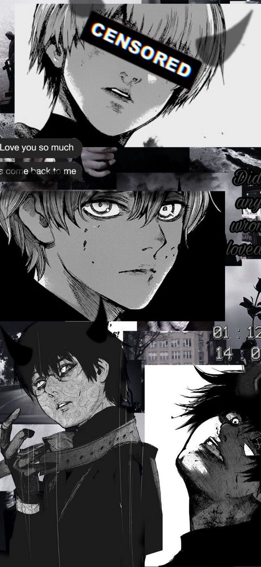 tokyo ghoul, ken kaneki, anime, guy, collage, art, grey, black, black and white, bw