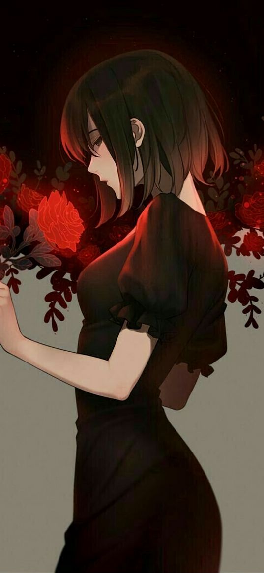 girl, black dress, roses, flowers, light, anime, art