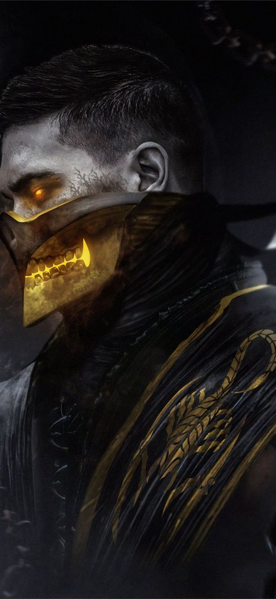 mortal kombat, scorpion, games, mask, gold, art