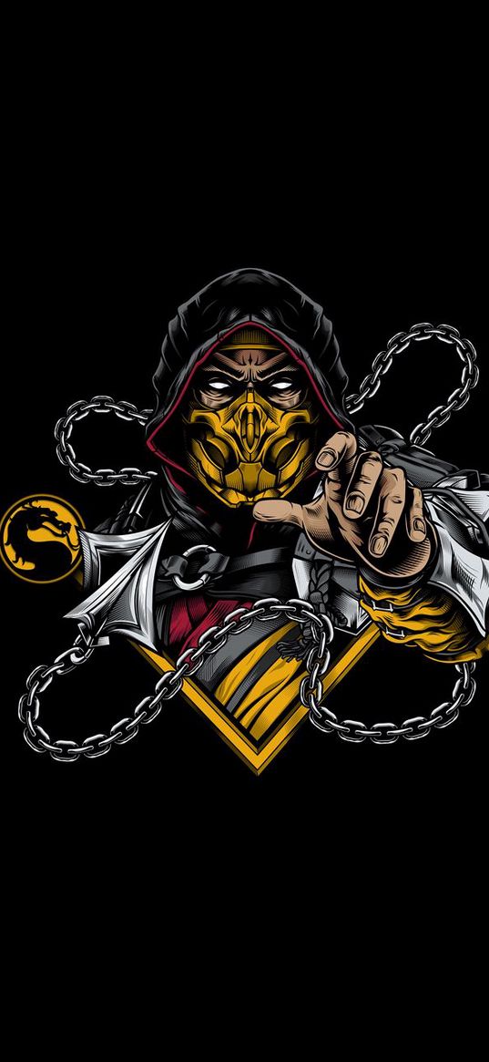 mortal kombat, scorpion, games, chain, throw, art, black background