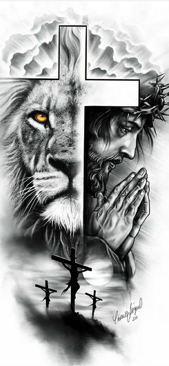 jesus, cross, lion, religion, faith, art, drawing