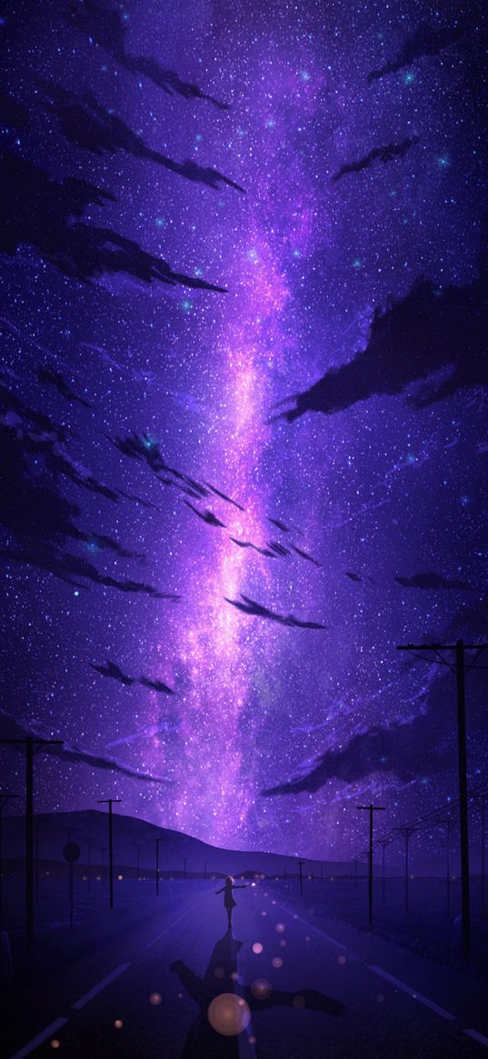 girl, clouds, stars, pillars, wires, anime, art, purple