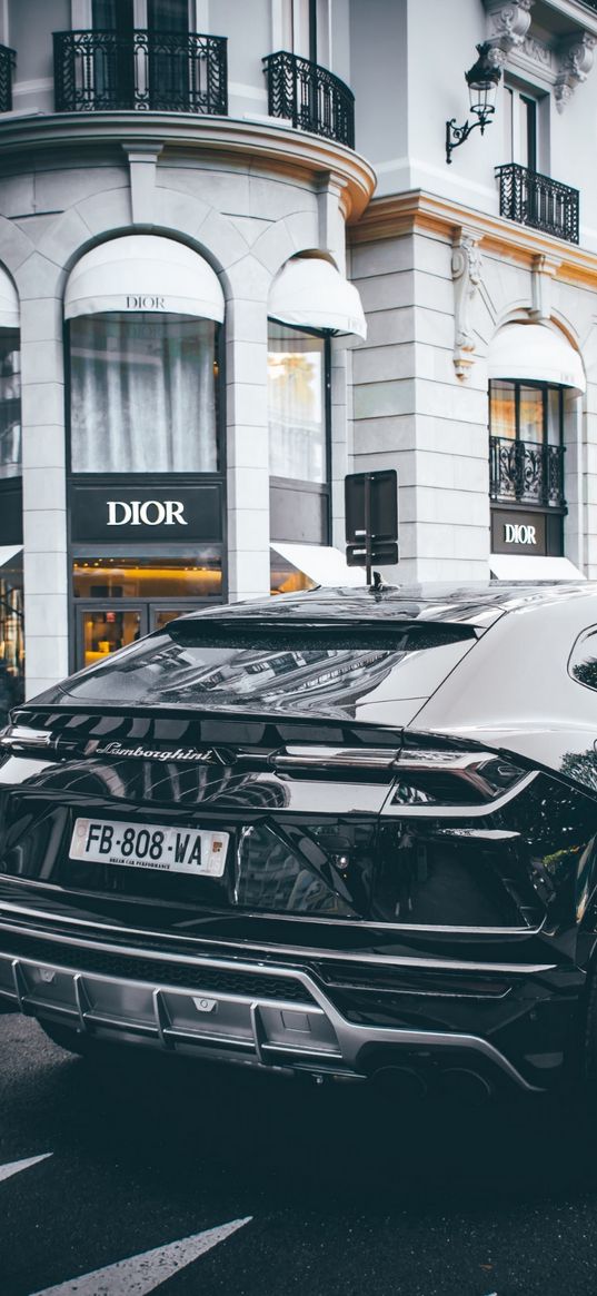 lamborghini, sport car, car, black, street, building, dior