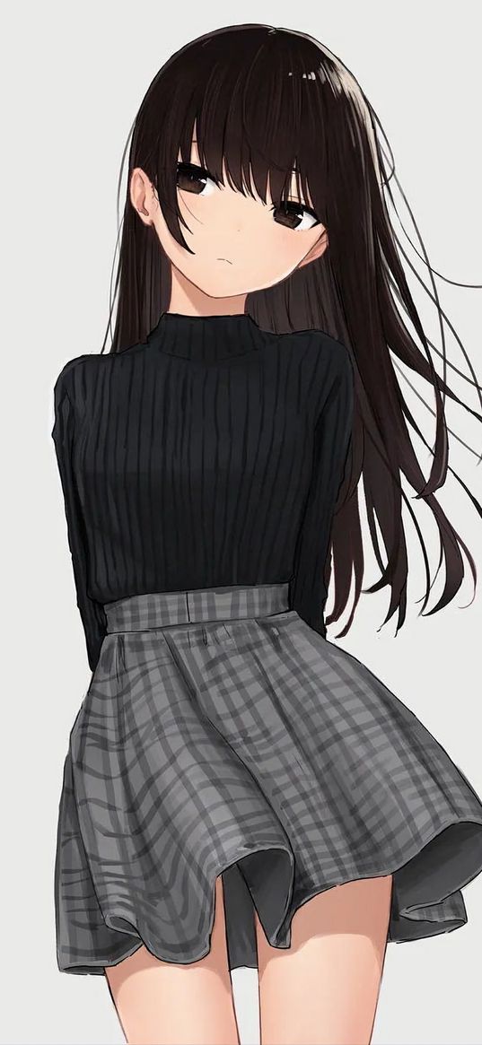 girl, anime, art, skirt, turtleneck, white background