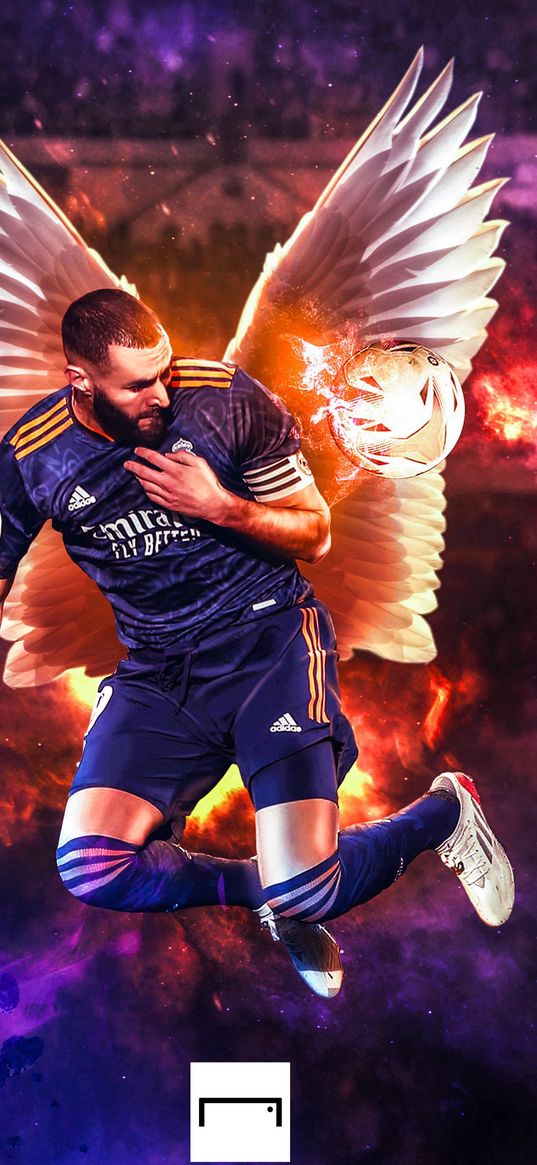 karim benzema, football player, real madrid, football, ball, wings, fire