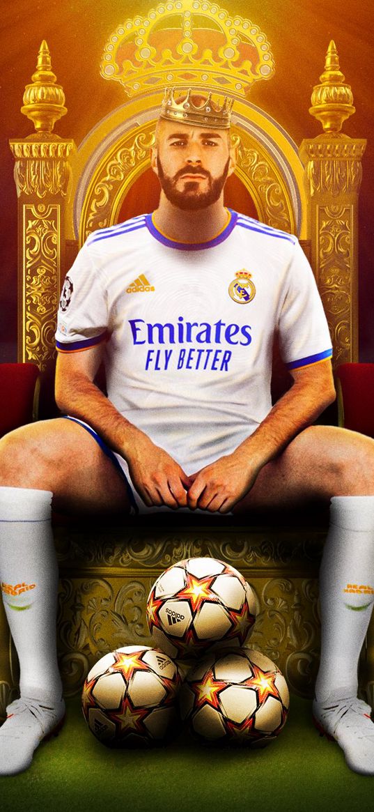 karim benzema, football player, real madrid, football, ball, crown, throne