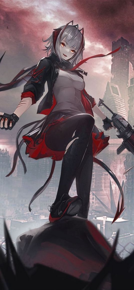 w, arknights, anime, game, art, girl, weapon, city