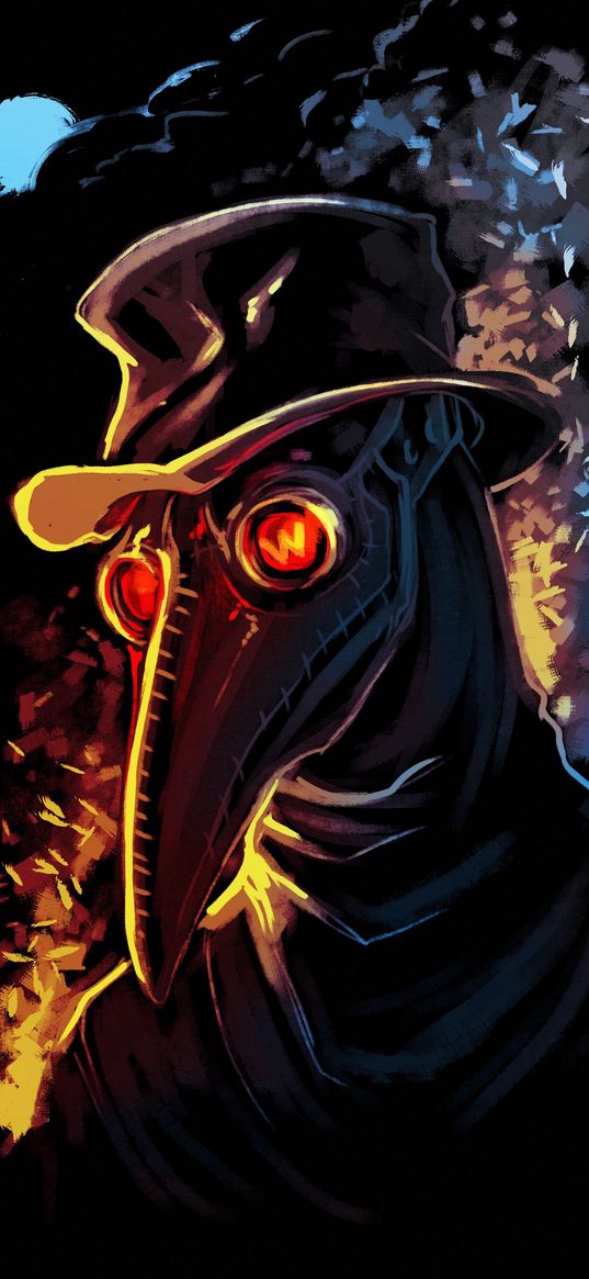 plague doctor, mask, hat, fire, smoke, drawing, art