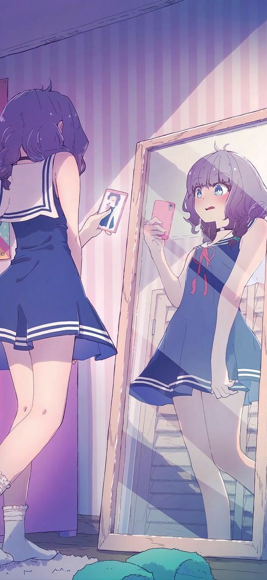 girl, dress, mirror, selfie, smartphone, photographed, surprise, anime, art