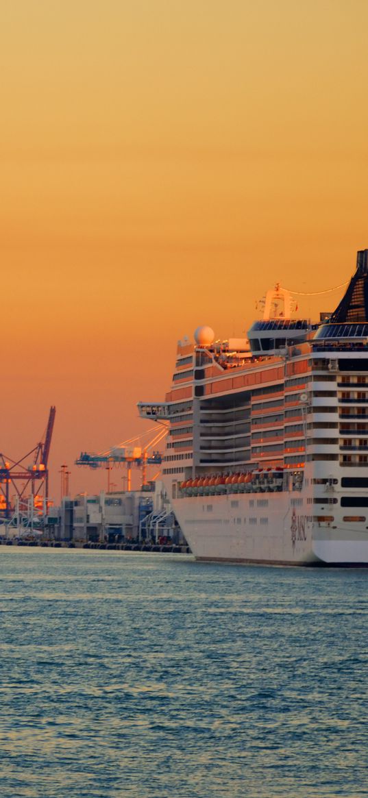 ship, liner, sea, port, sunset