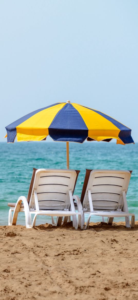 deck chairs, umbrella, beach, sea, summer, vacation