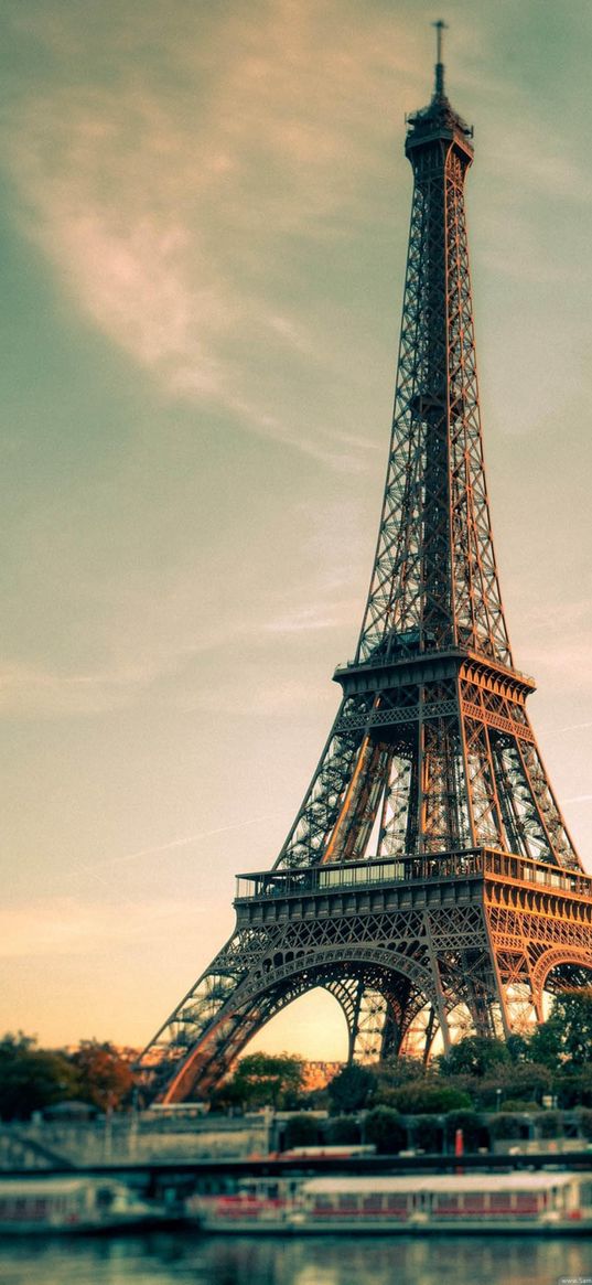 eiffel tower, paris, evening, ship, river, seine