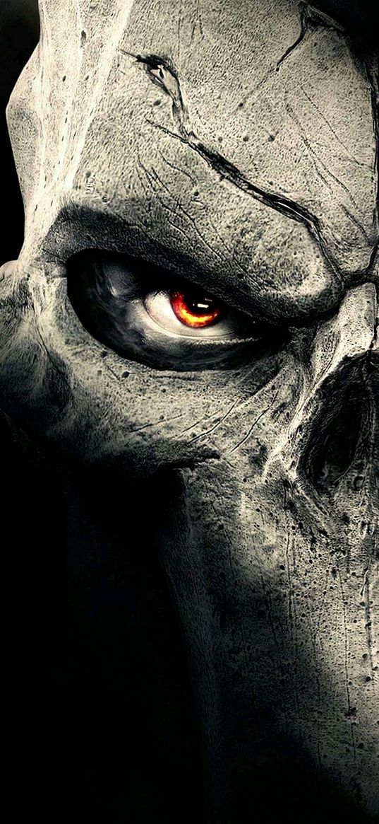 darksiders, game, character, skull, mask, look, evil, black background, art