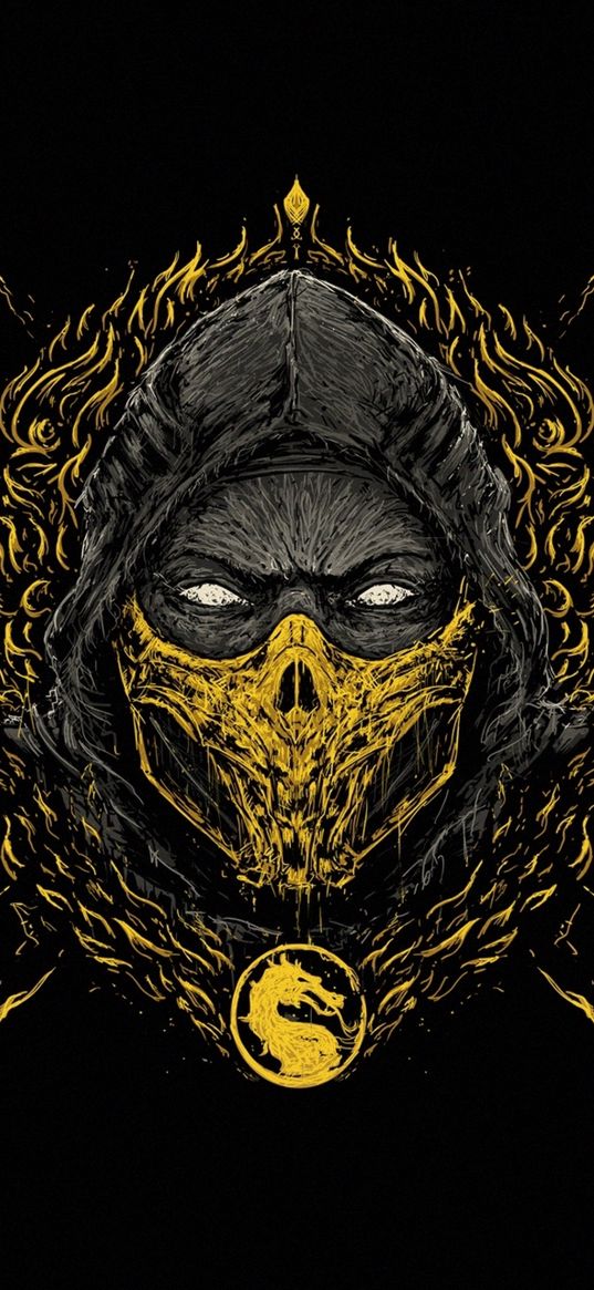 scorpion, mortal kombat, game, ninja, mask, fire, yellow, dragon, logo, art