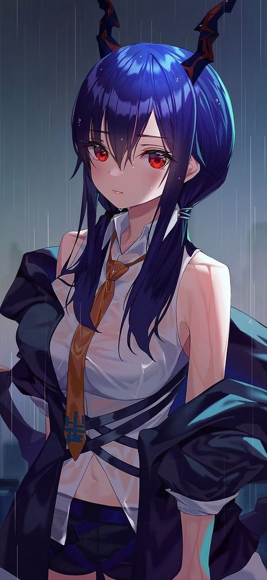 chen, arknights, game, anime, girl, horns, blue hair, red eyes, blouse, tie, wet, rain, art