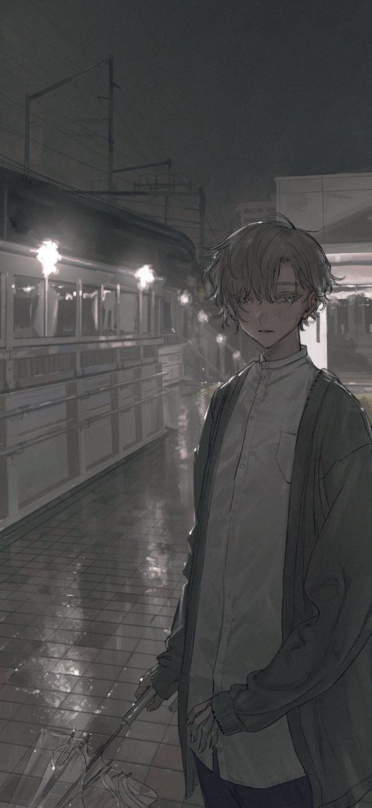 guy, rain, station, train, lights, night, loneliness, anime, art