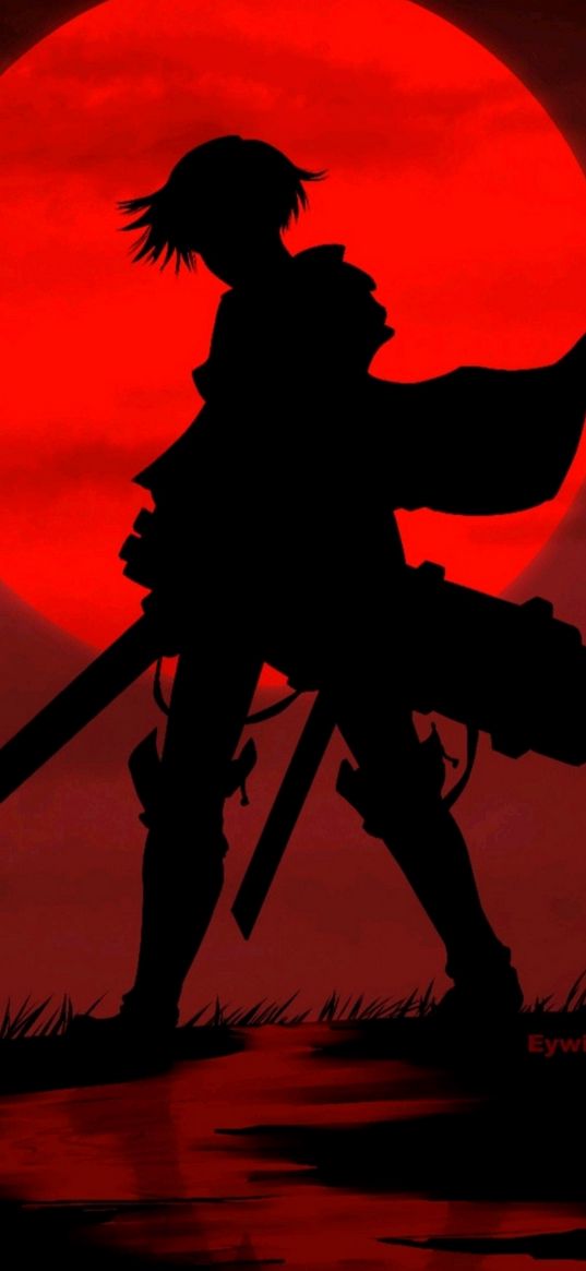 attack on titan, aot, anime, levi ackerman, red moon, silhouette, art