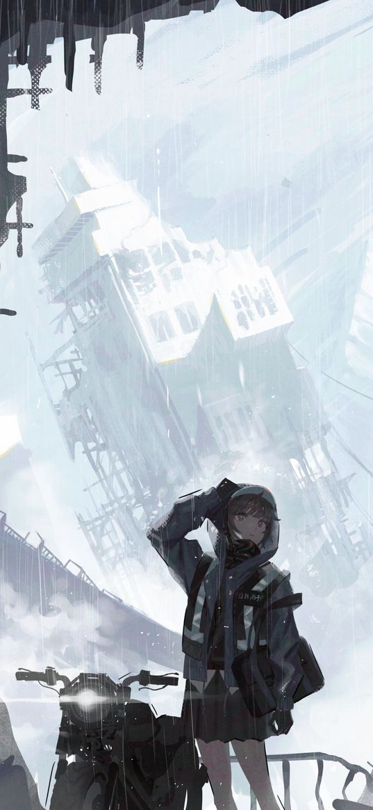 girl, motorcycle, apocalypse, city, rain, anime, art