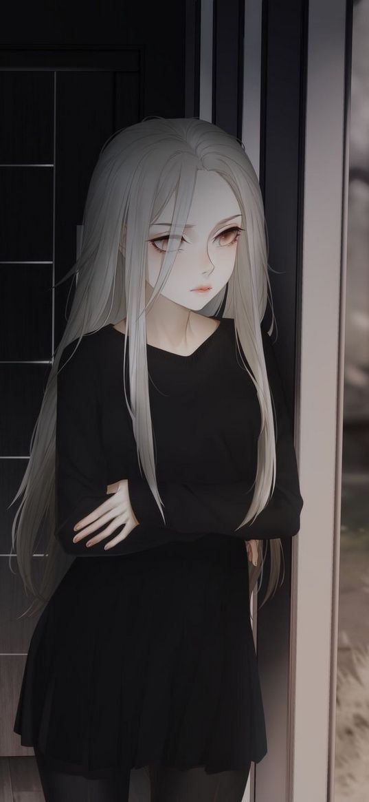 girl, anime, art, blonde, dress, black, sadness