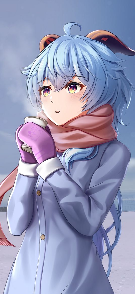 ganyu, genshin impact, anime, girl, game, art, snow, coat, scarf, cup