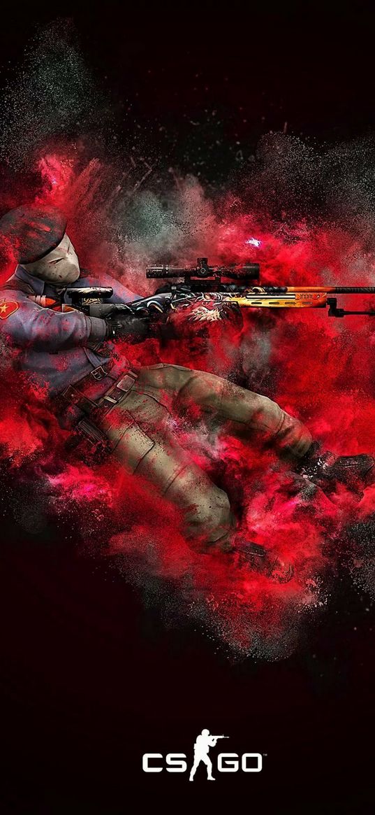 counter-strike, cs, cs go, game, character, soldier, military, sniper rifle, weapon, shot, recoil, red, black background